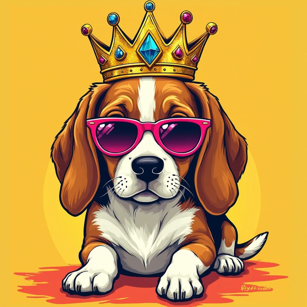 Beagle in Retro Pop Art Style Wearing Sunglasses and Crown
