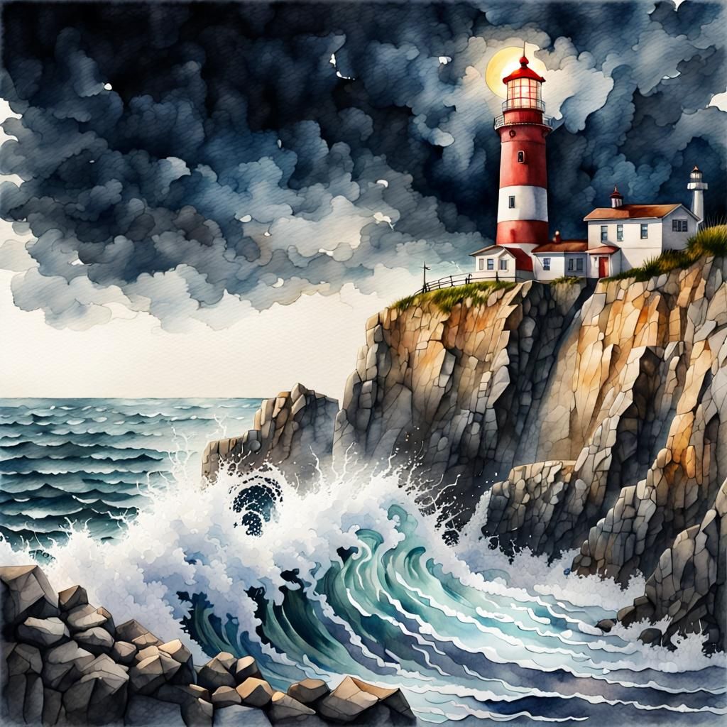 Hyperrealistic Lighthouse at Night in Watercolor Style