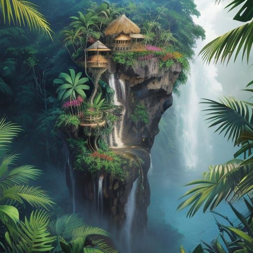 Tropical Waterfall Paradise With Colorful Birds and Flowers