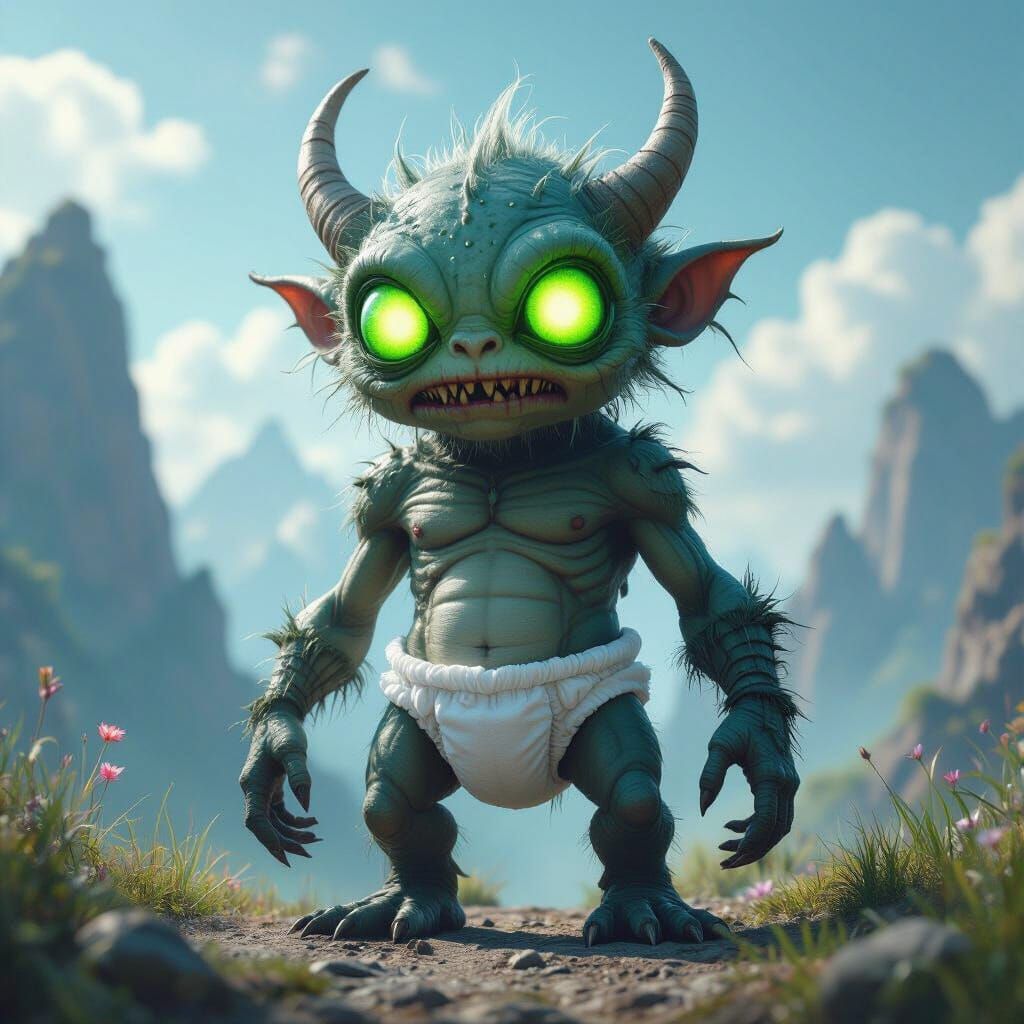 Grotesque Monster with Luminous Eyes in Fantasy Landscape