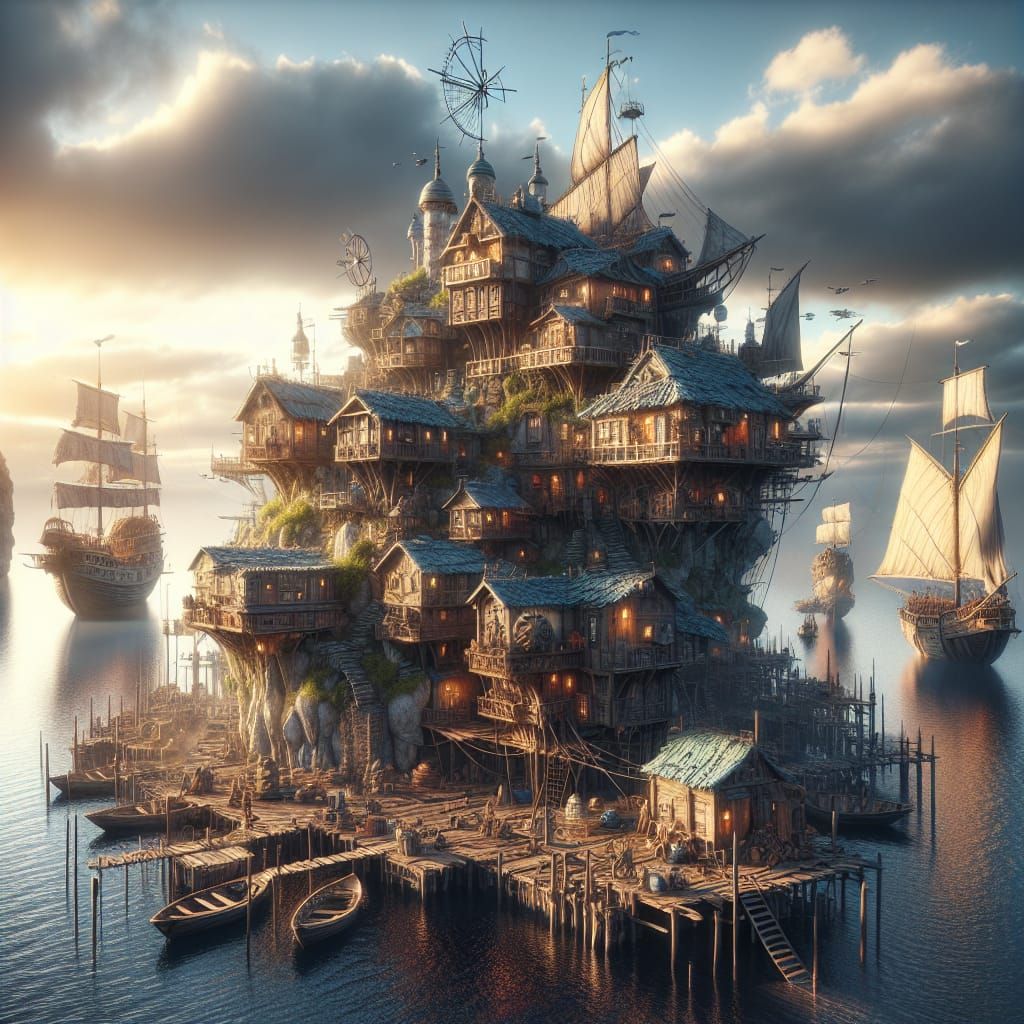 Quaint Fishing Village on Floating Island in 8K