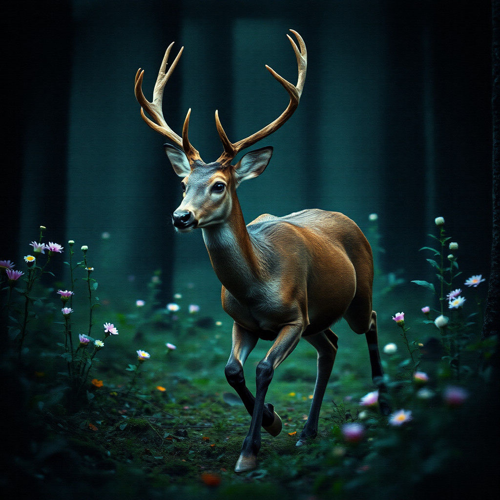 Portrait a  Deer, run in forest, Musterious Forest with glov...