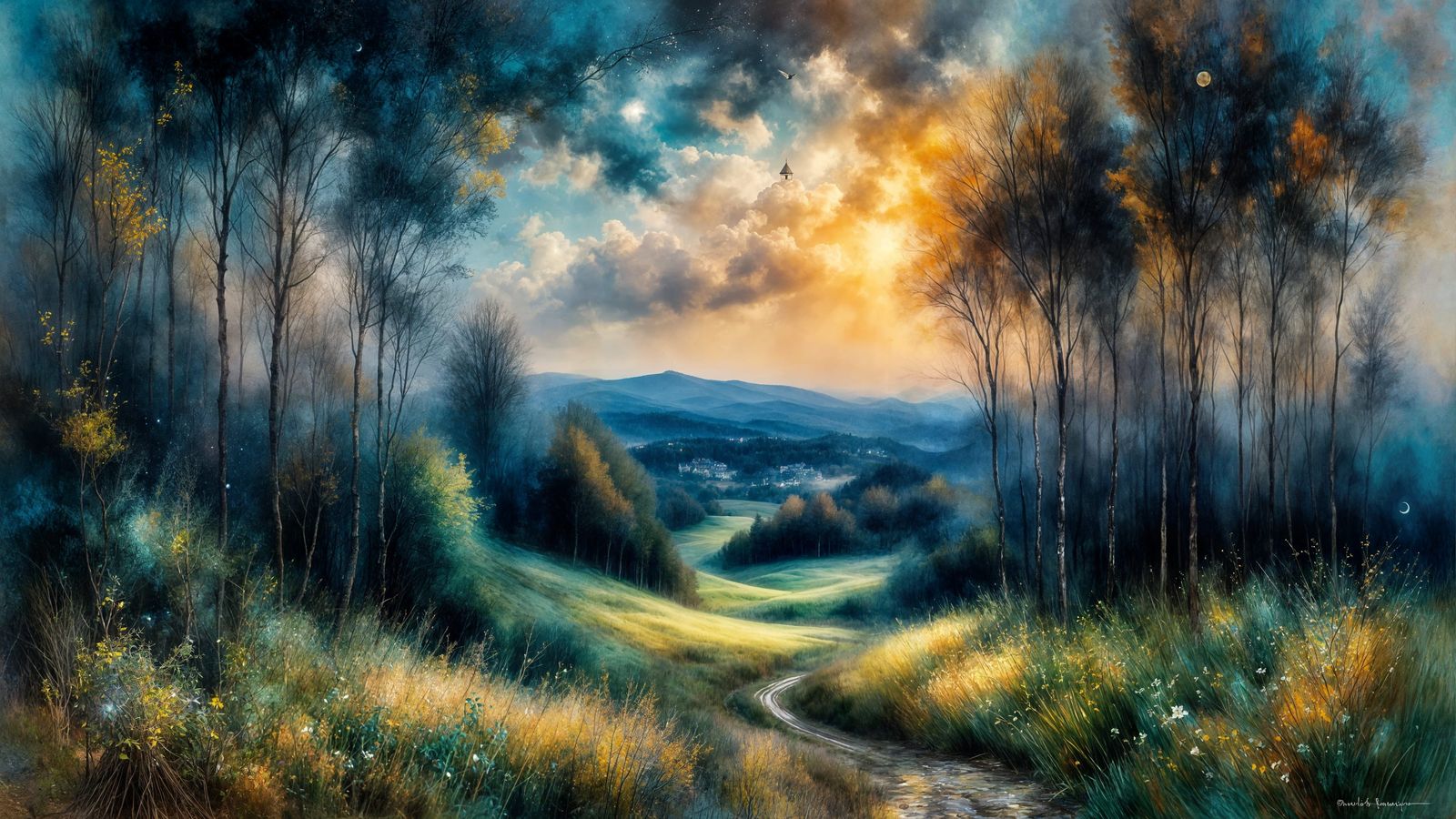 Surreal Village Night in Oil Painting Style