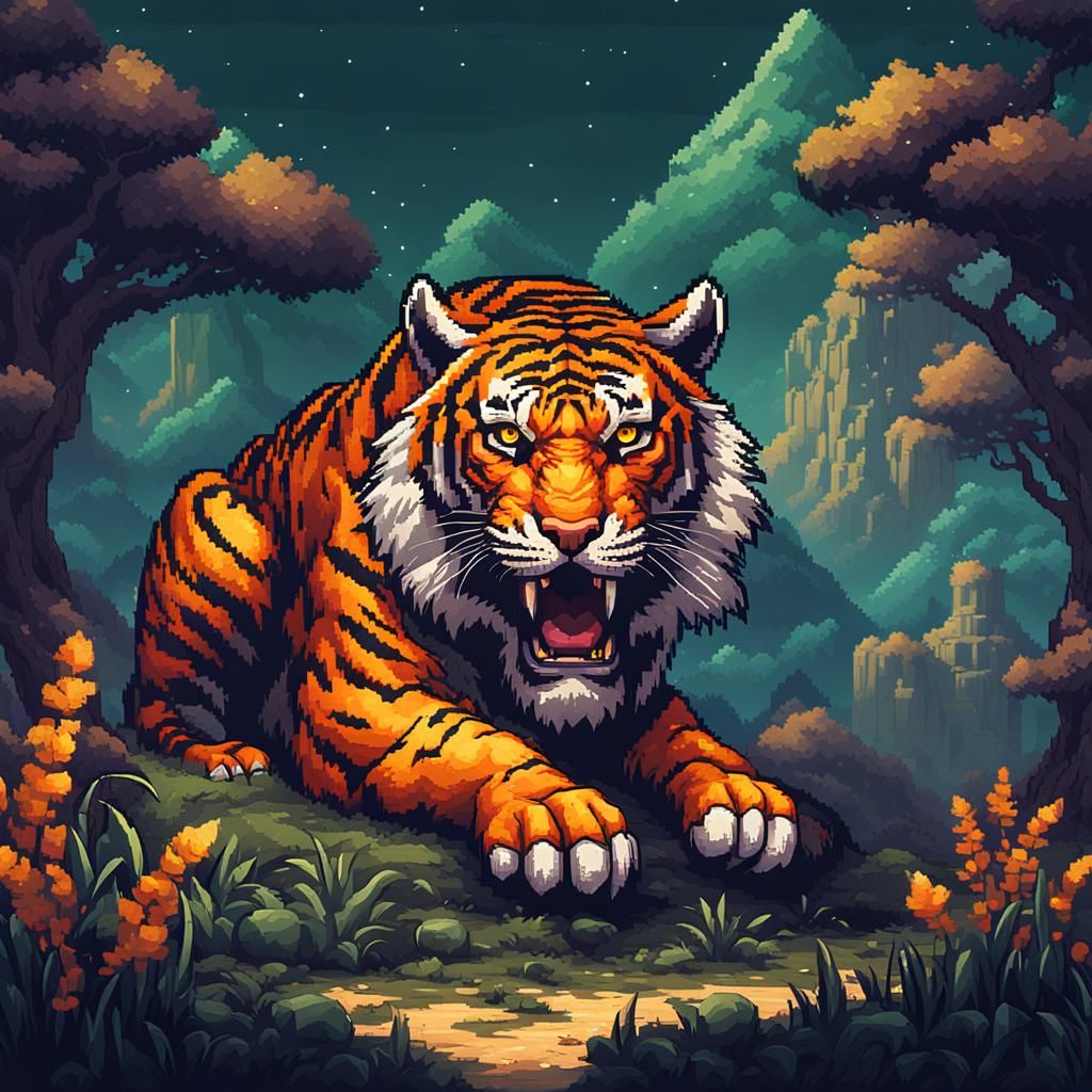 Tiger Pixel Art Fantasy Background in 8-bit Style