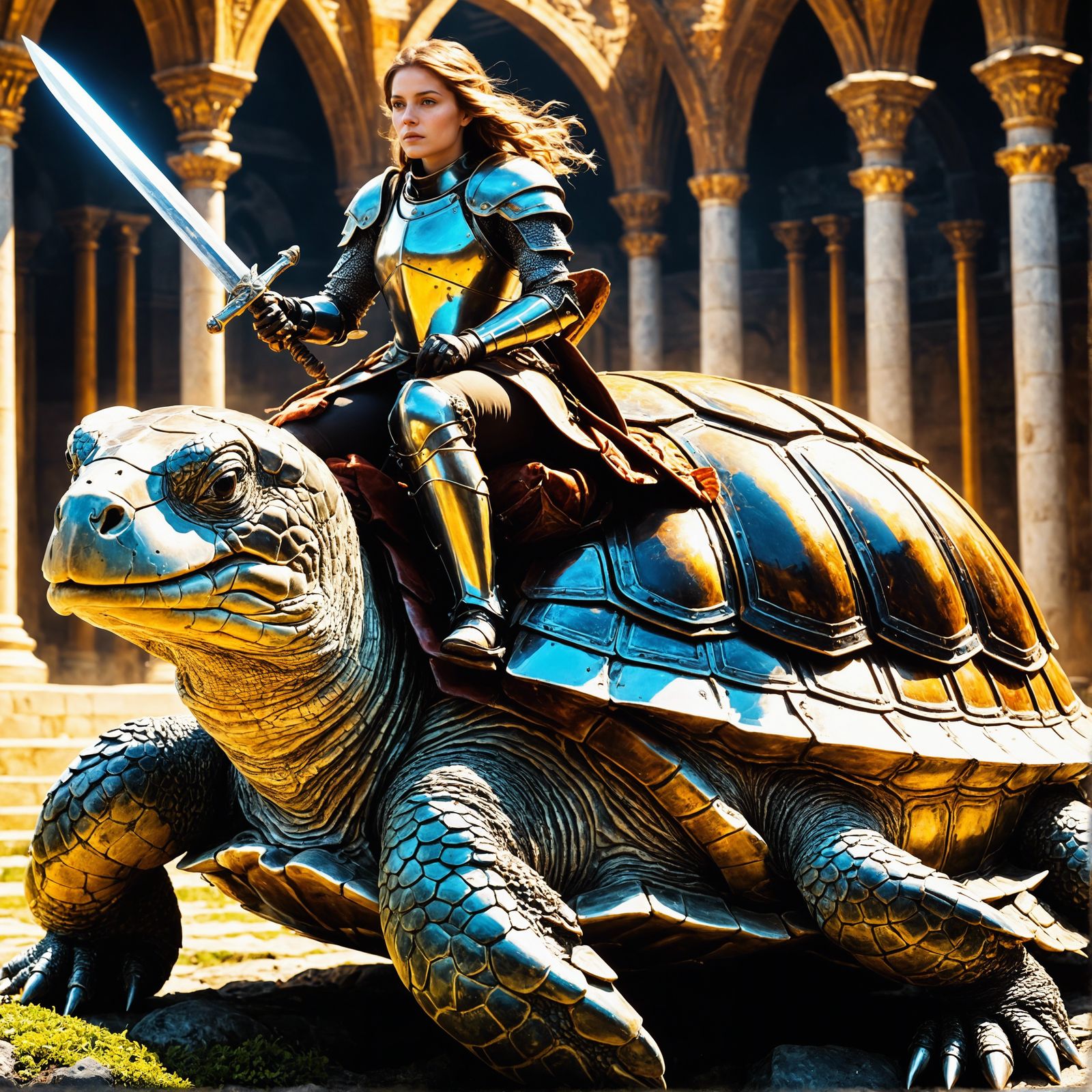 female knight riding a turtle