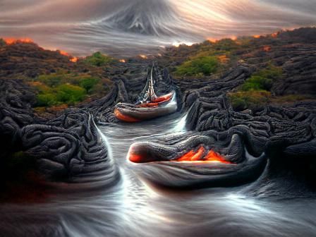 Lava River with Boats in Surreal Style