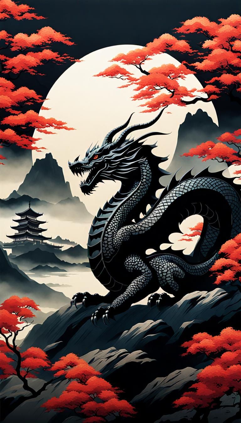 Asian Dragon Portrait in Ukiyo-e Style