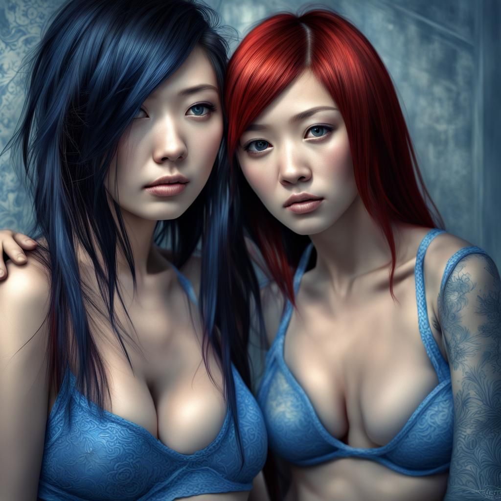 Two Women Cuddling Intimately in HDR