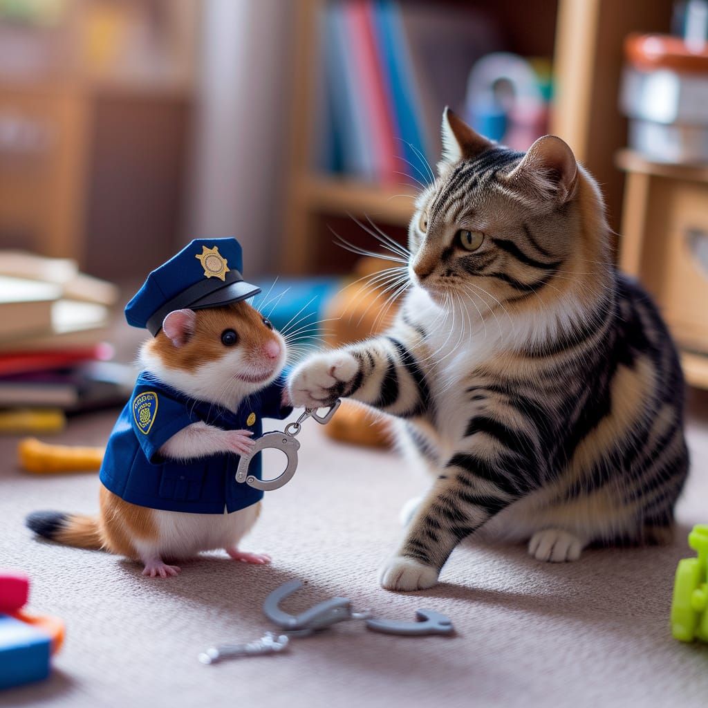 Hamster Police Officer Chases a Mischievous Cat in a Whimsic...