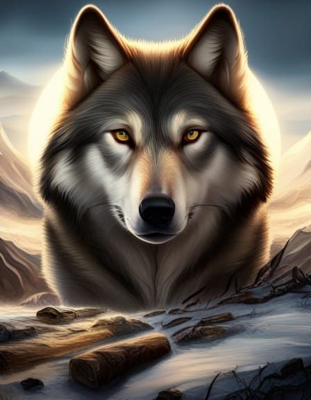 Dramatic Wolf Portrait in Digital Matte Painting Style