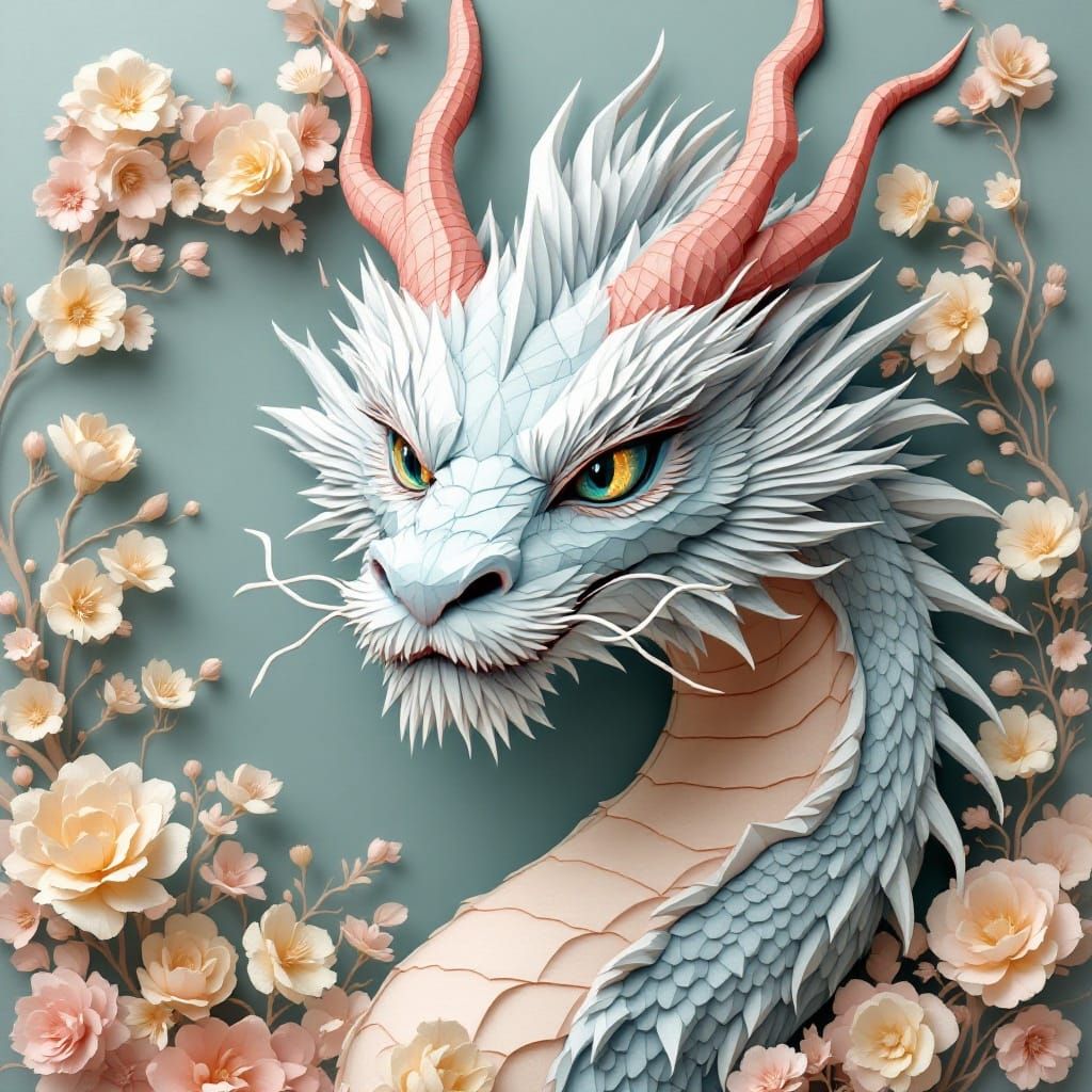 Majestic Dragon Head in Origami-Inspired Paper-Cut Style