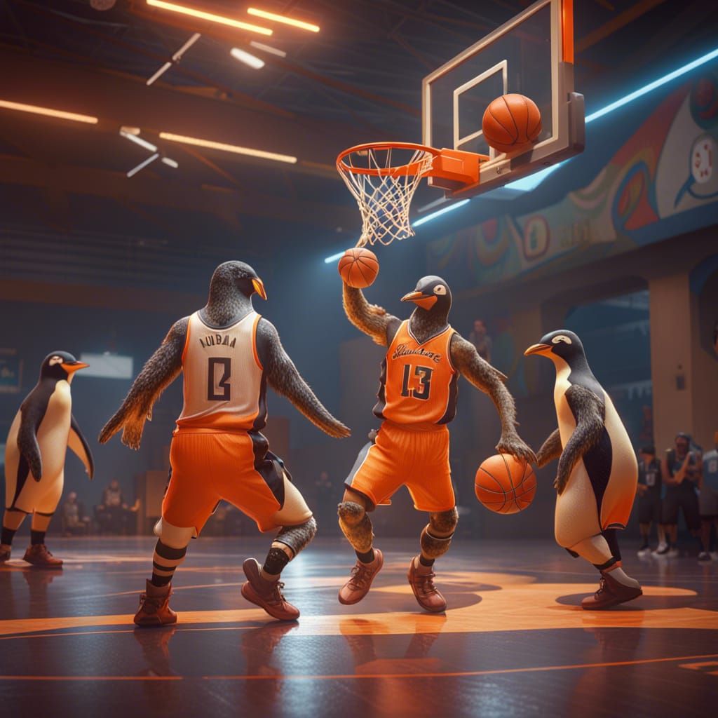 Penguins Play Basketball: Dynamic Concept Art