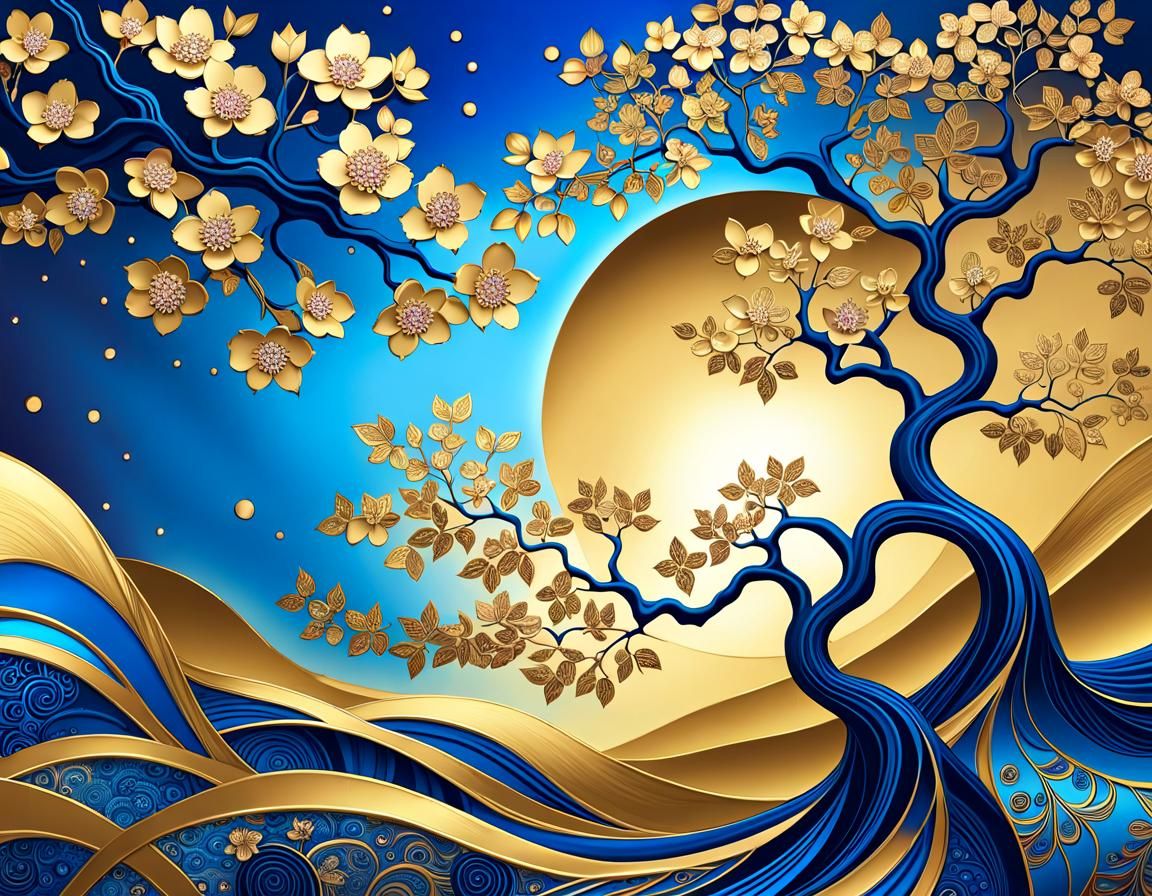 Cherry Blossoms at Sunset in Art Brut Style