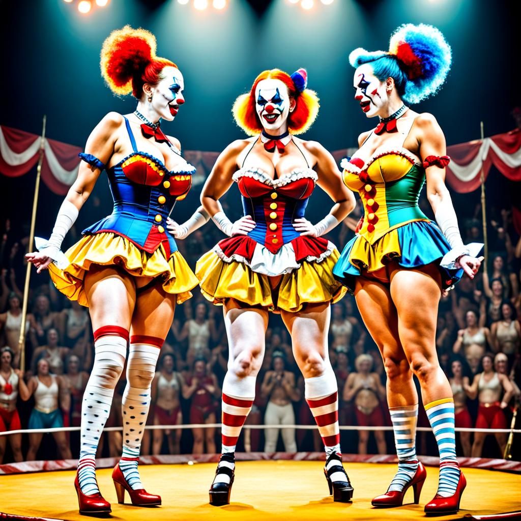 Clown Women Staredown at Cheering Circus