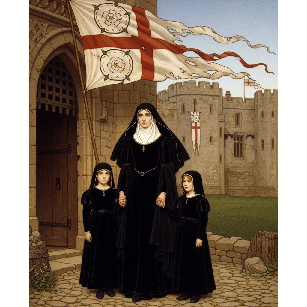 Noblewoman in Mourning Attire Outside Castle Gate