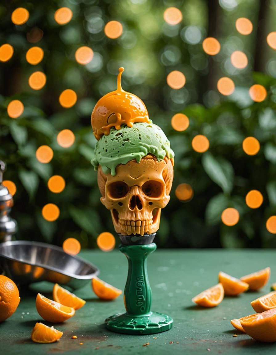 Orange Ice Cream on Green Skull, Sharp Focus