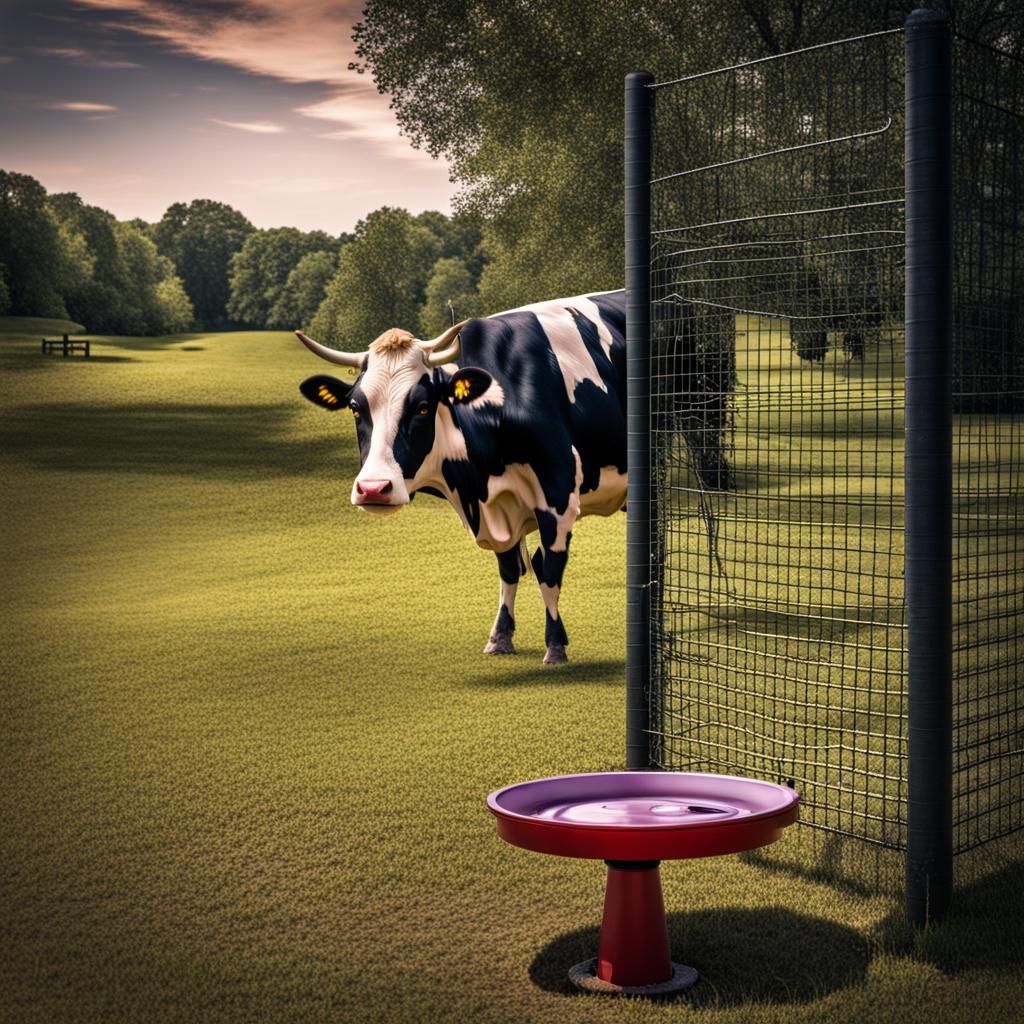 Cow Peeing on Electric Disc Golf Basket in HDR