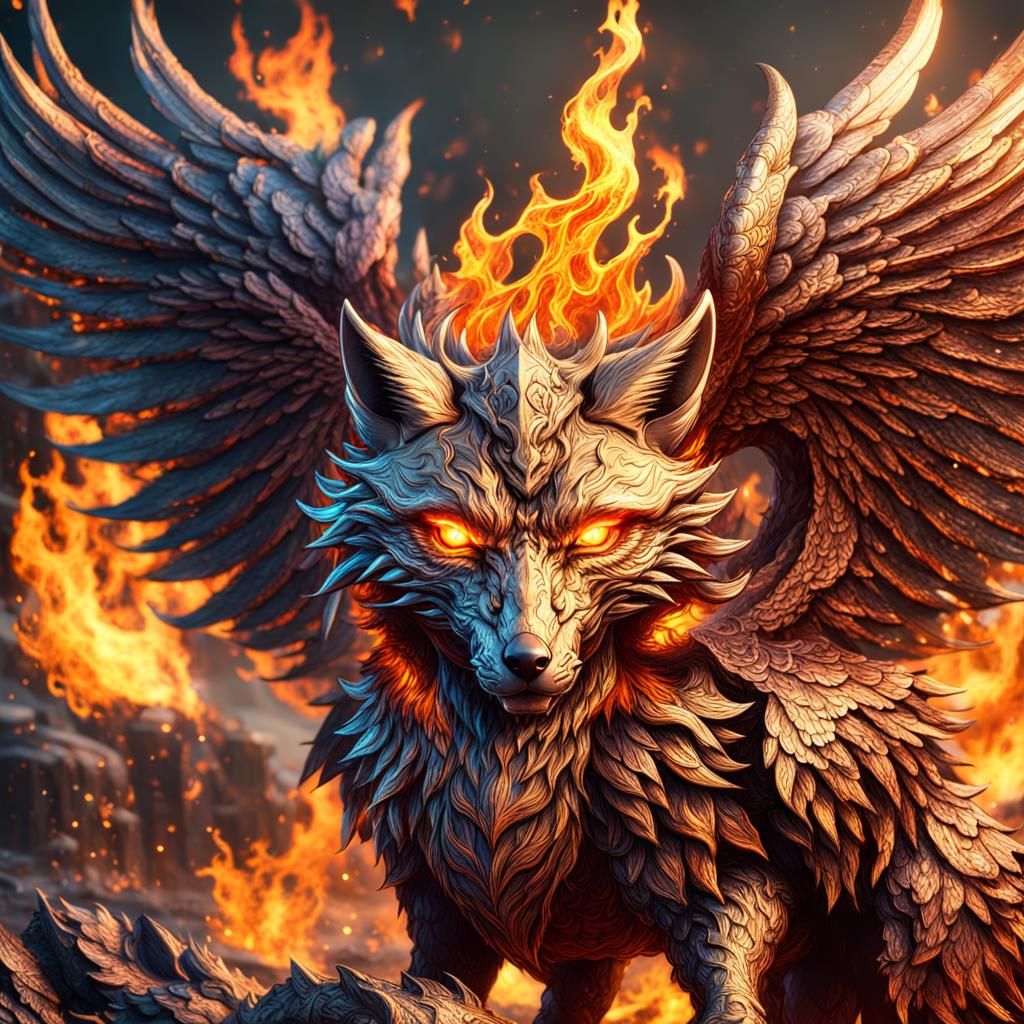 Winged Fire Fox: Detailed Fantasy Concept Art