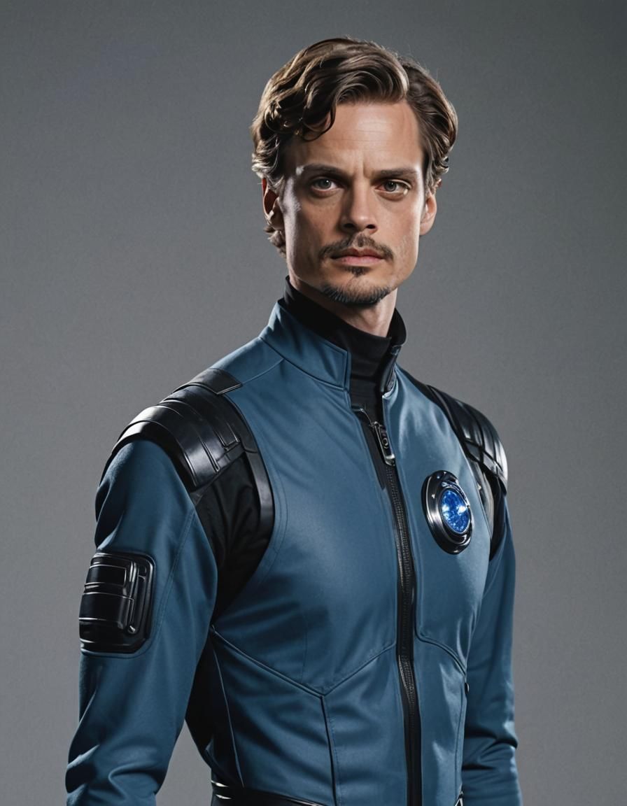 Matthew Gray Gubler as Reed Richards /Mr. Fantastic (wearing a blue and black tactical jumpsuit, semi-long hair, light g...