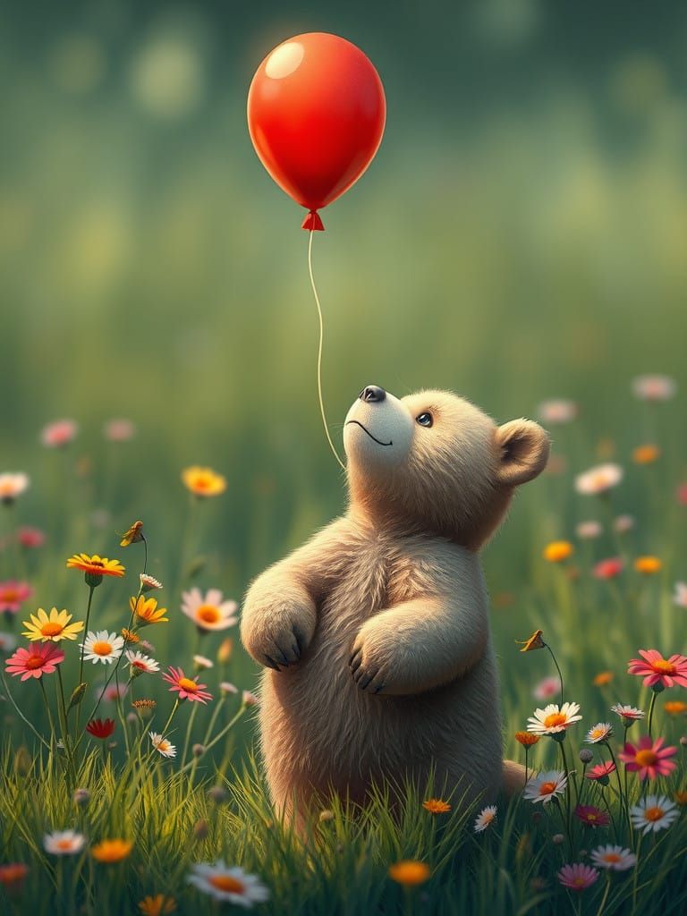 Surreal Bear Looks Up at Drifting Red Balloon Amidst Vibrant...