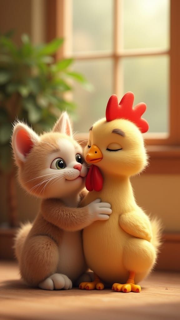 Cute 3D Friends: A Heartwarming Cat and Chicken Bond