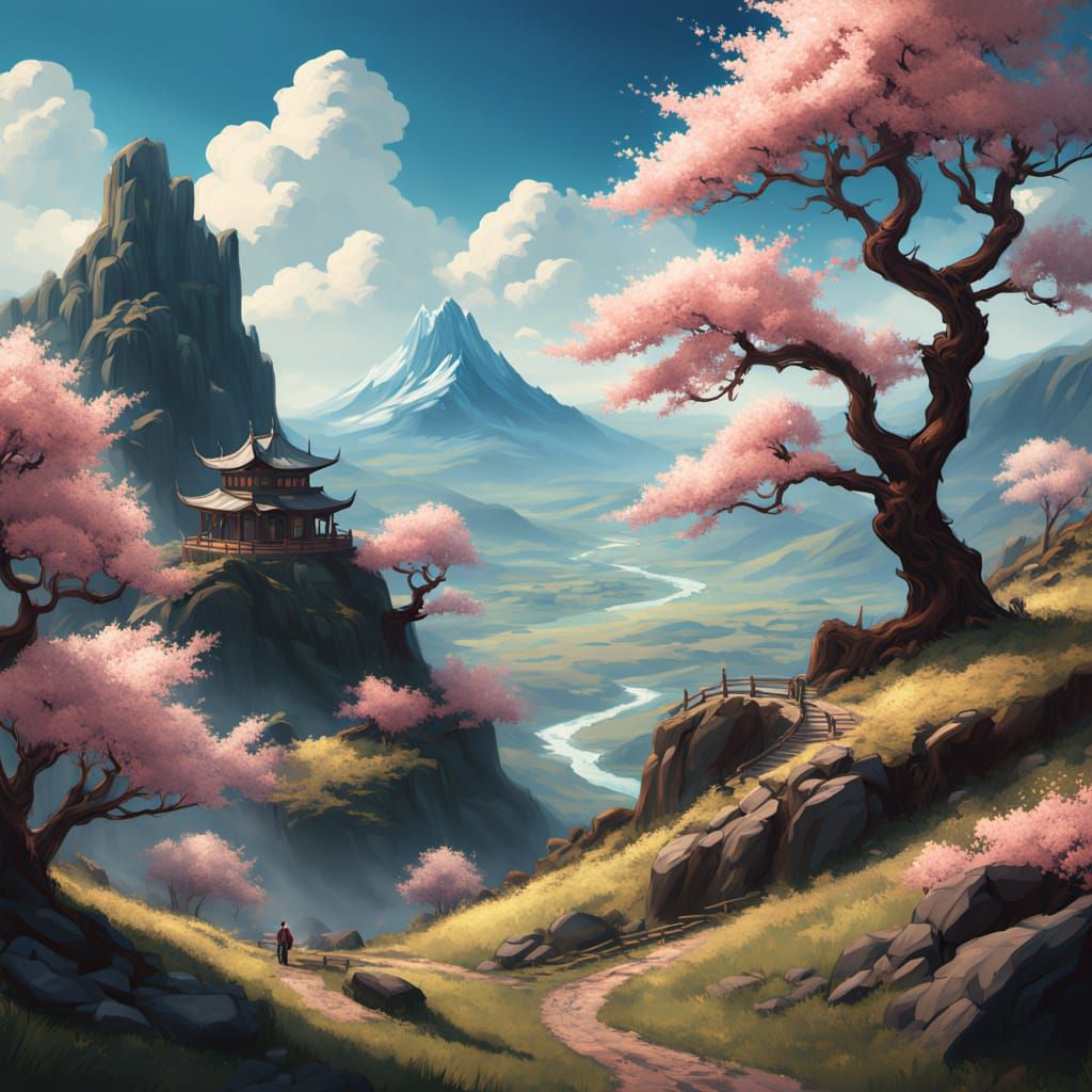 Ethereal Spring Landscape with Blossoming Cherry Trees in Hy...