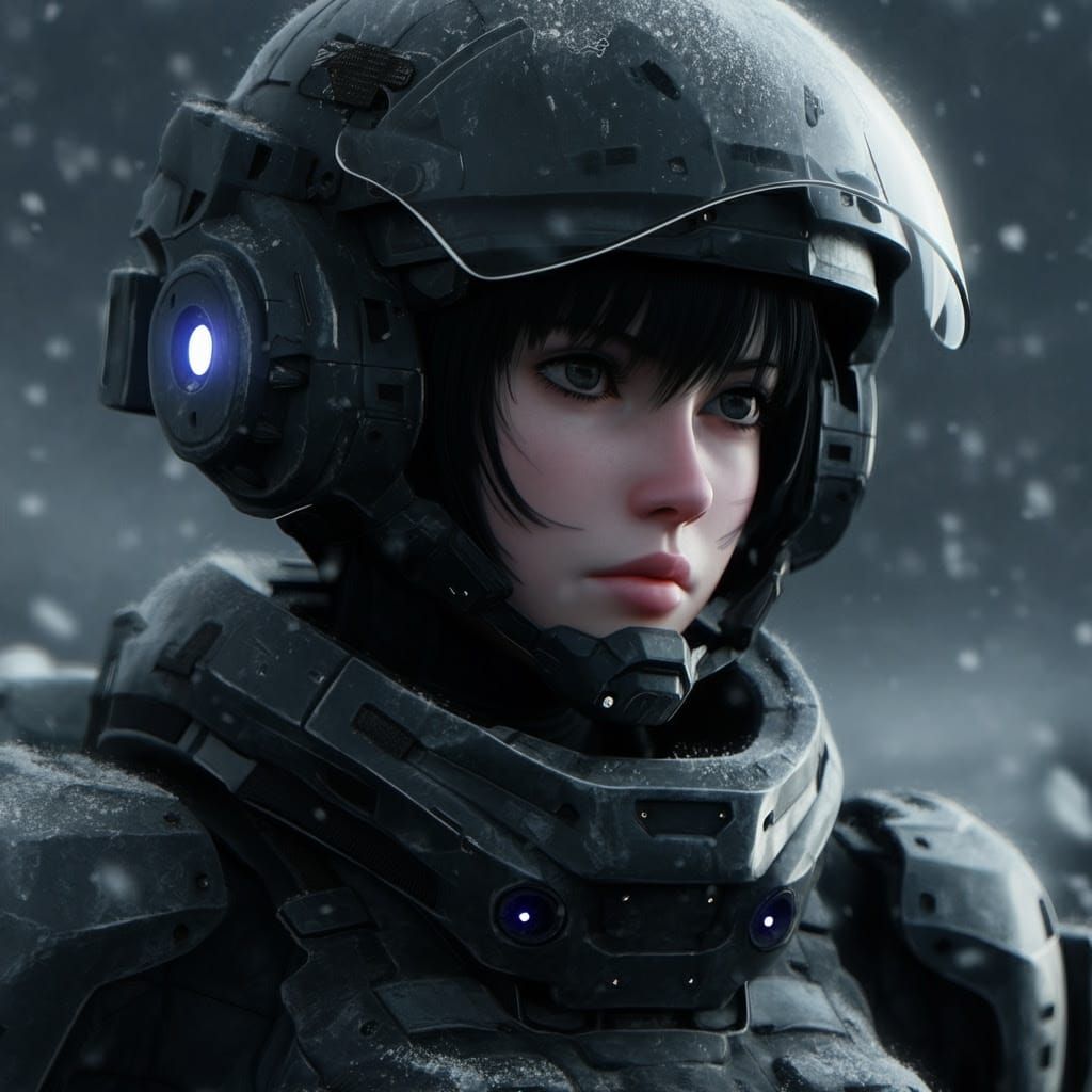 Scifi Soldier Anime Girl in a snow storm...