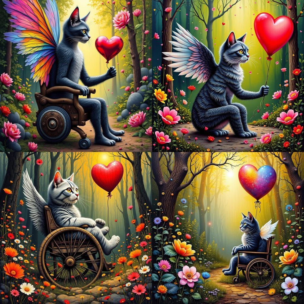 Whimsical Tabby Cat in Wheelchair, Surrounded by Bioluminesc...