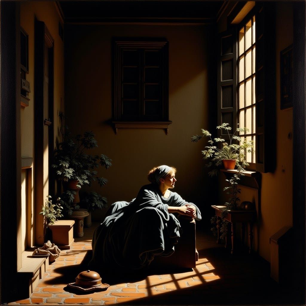 Woman Relaxing in Patio: Chiaroscuro Art