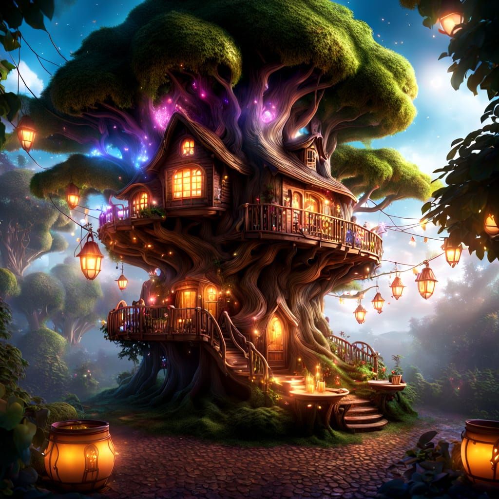 Enchanted Treehouse Cafe With Magical Lights
