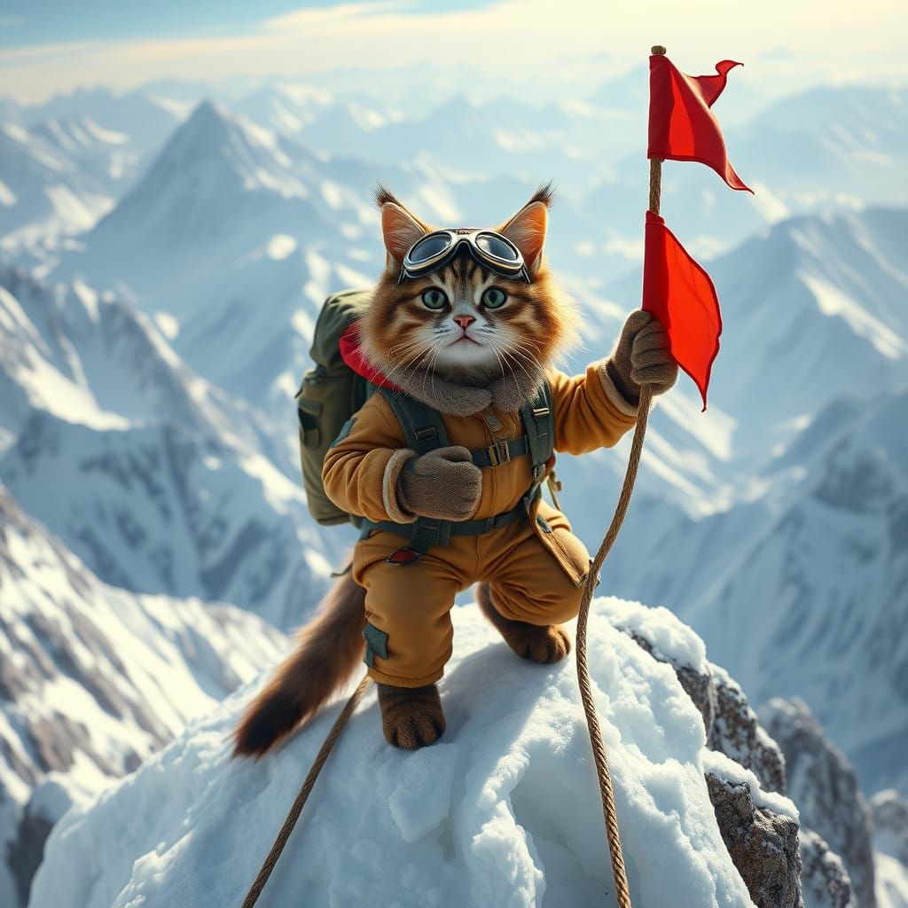 Feline Mountaineer Conquers Majestic Snowy Summit in Winter...