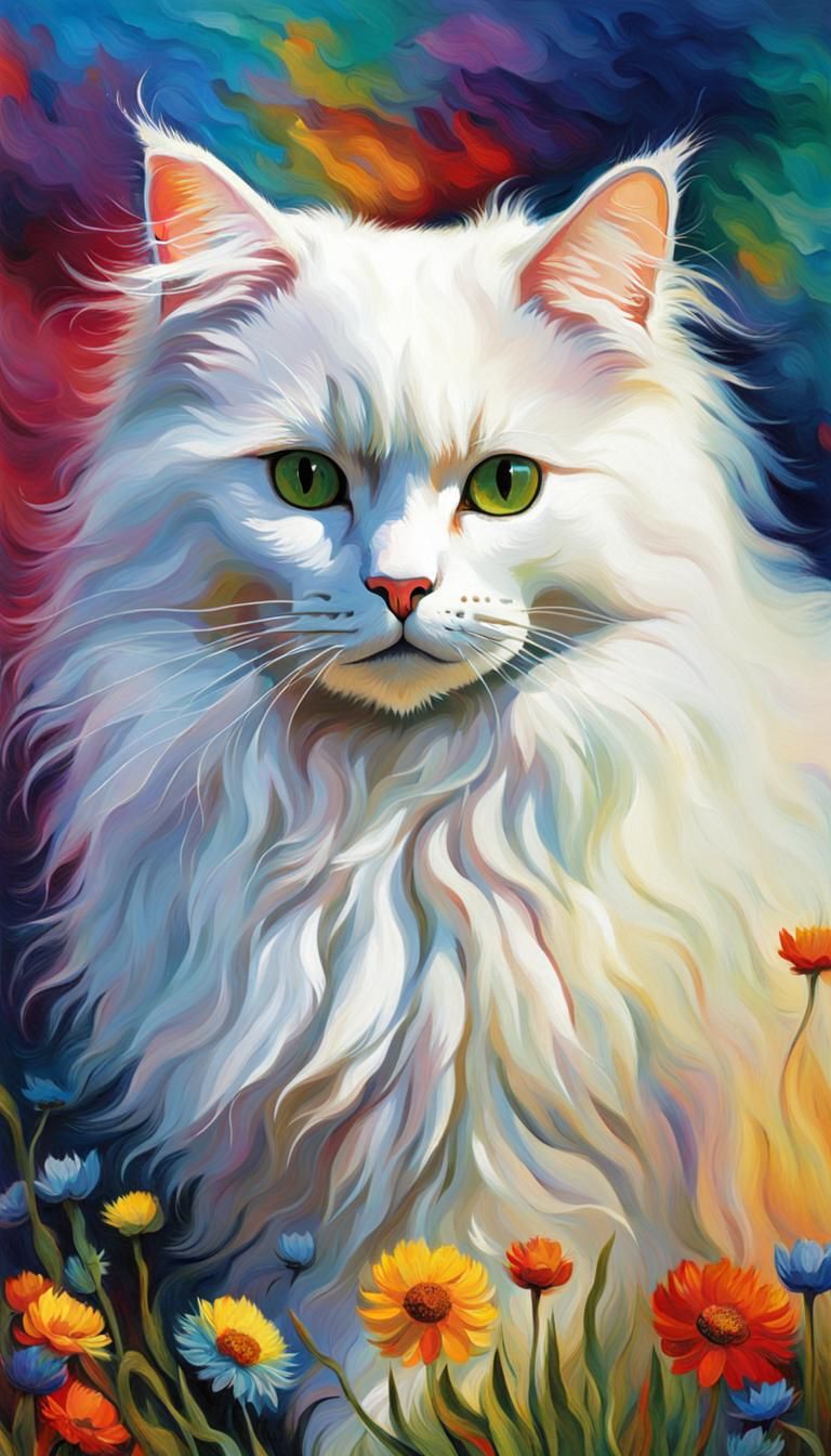 White Cat with Rainbow Background in Van Gogh Style
