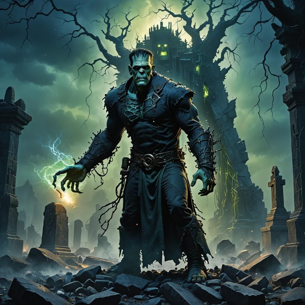 Frankenstein Monster in Misty Graveyard: Fantasy Concept Art