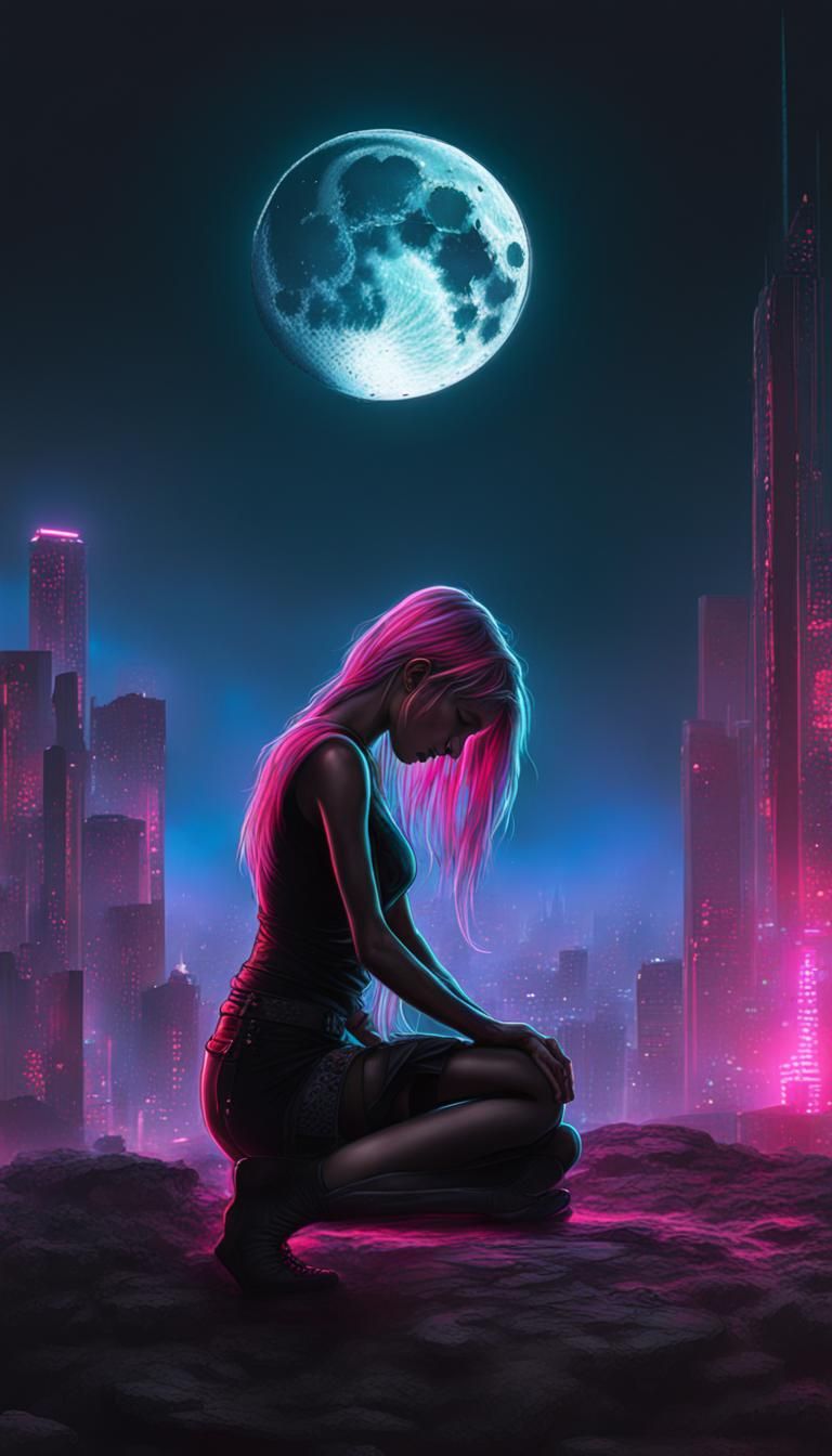 Cyberpunk Goth Woman's Sorrow as Moon Explodes