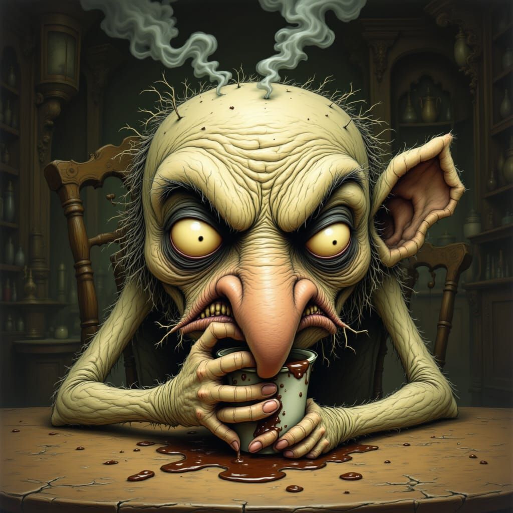 Exhausted Coffee Mug in Grotesque Cartoon Style