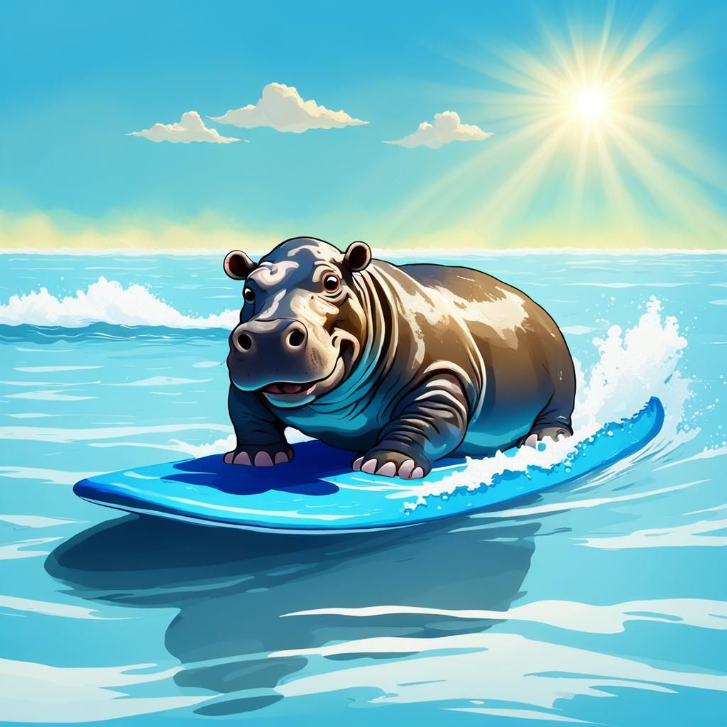 Pygmy Hippo Surfing in the Ocean: Digital Art