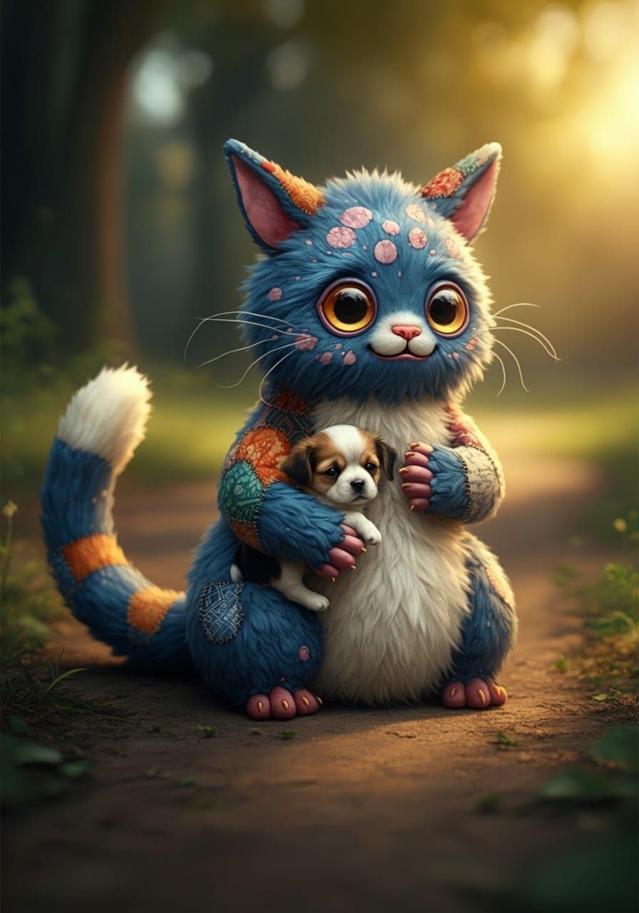 Cute Plush Creature and Puppy in Patchwork Style