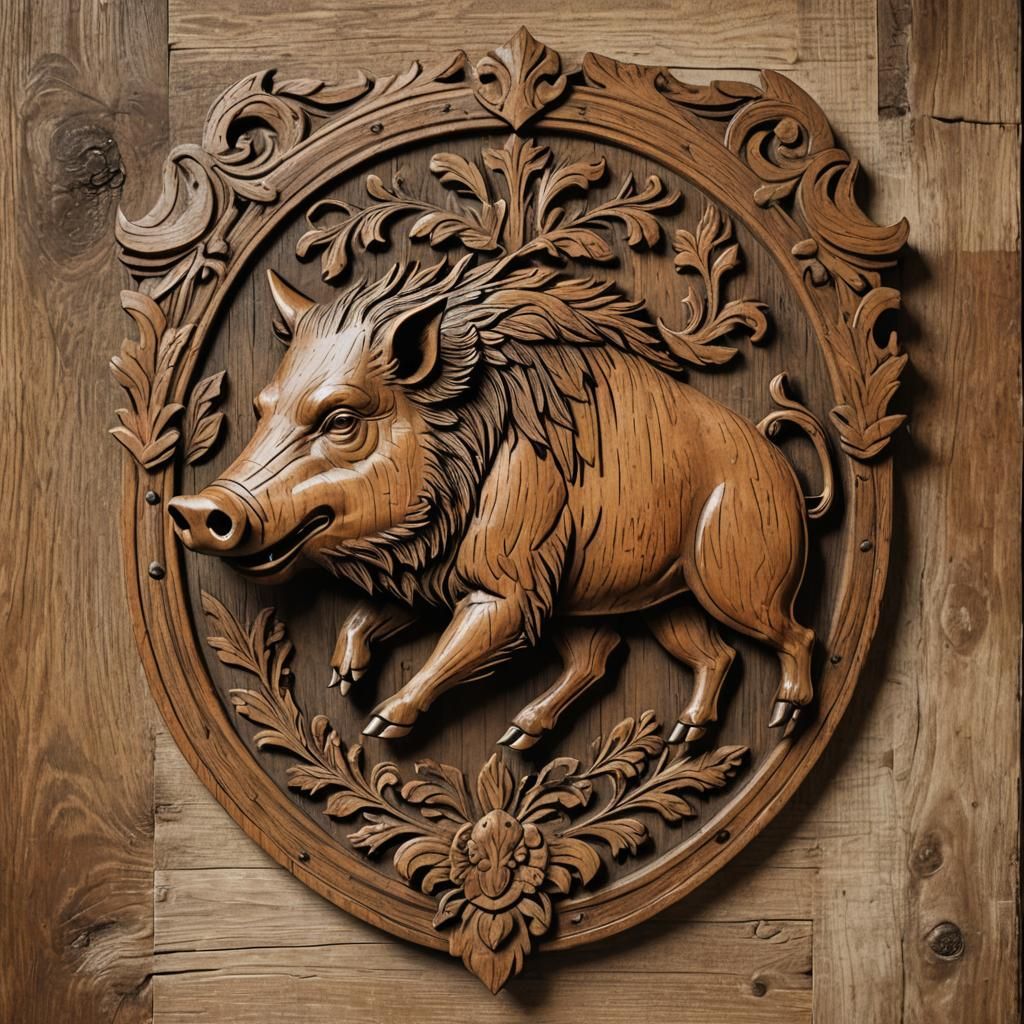 Wooden Crest Depicting a Brown Boar