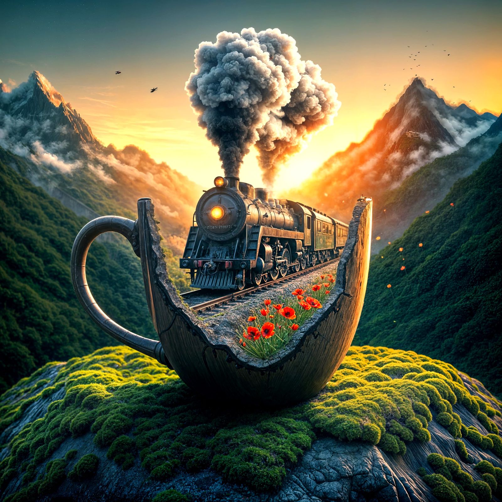 Miniature Railway Scene in a Cracked Ceramic Mug