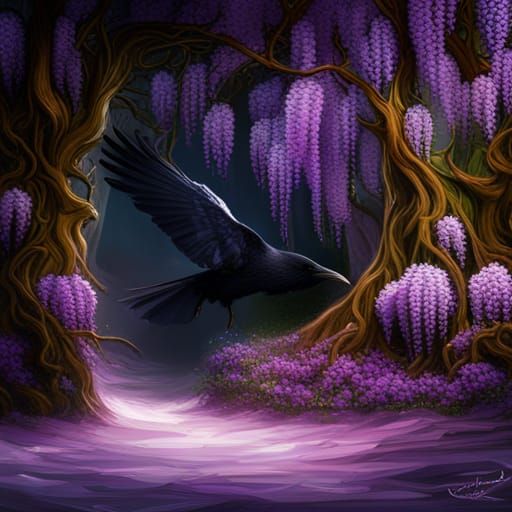 Fantasy Raven with Wisteria Tree: Detailed Matte Painting