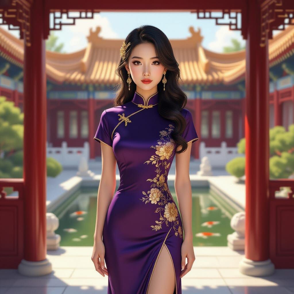 East Asian Woman in Palace Courtyard, Digital Art