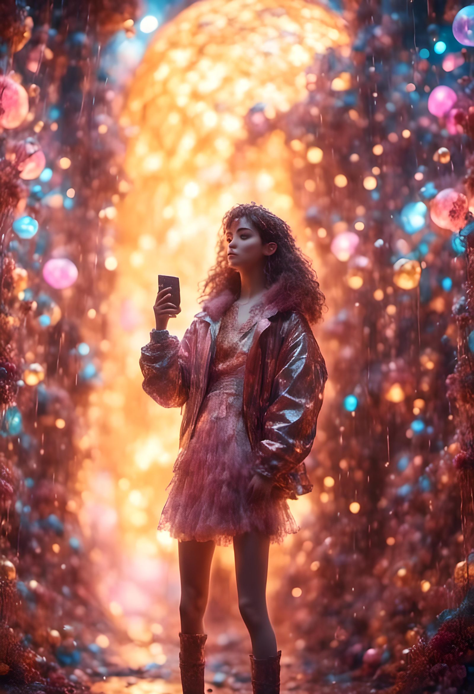 Hyperrealistic Drunk Woman with Colorful Bokeh Background