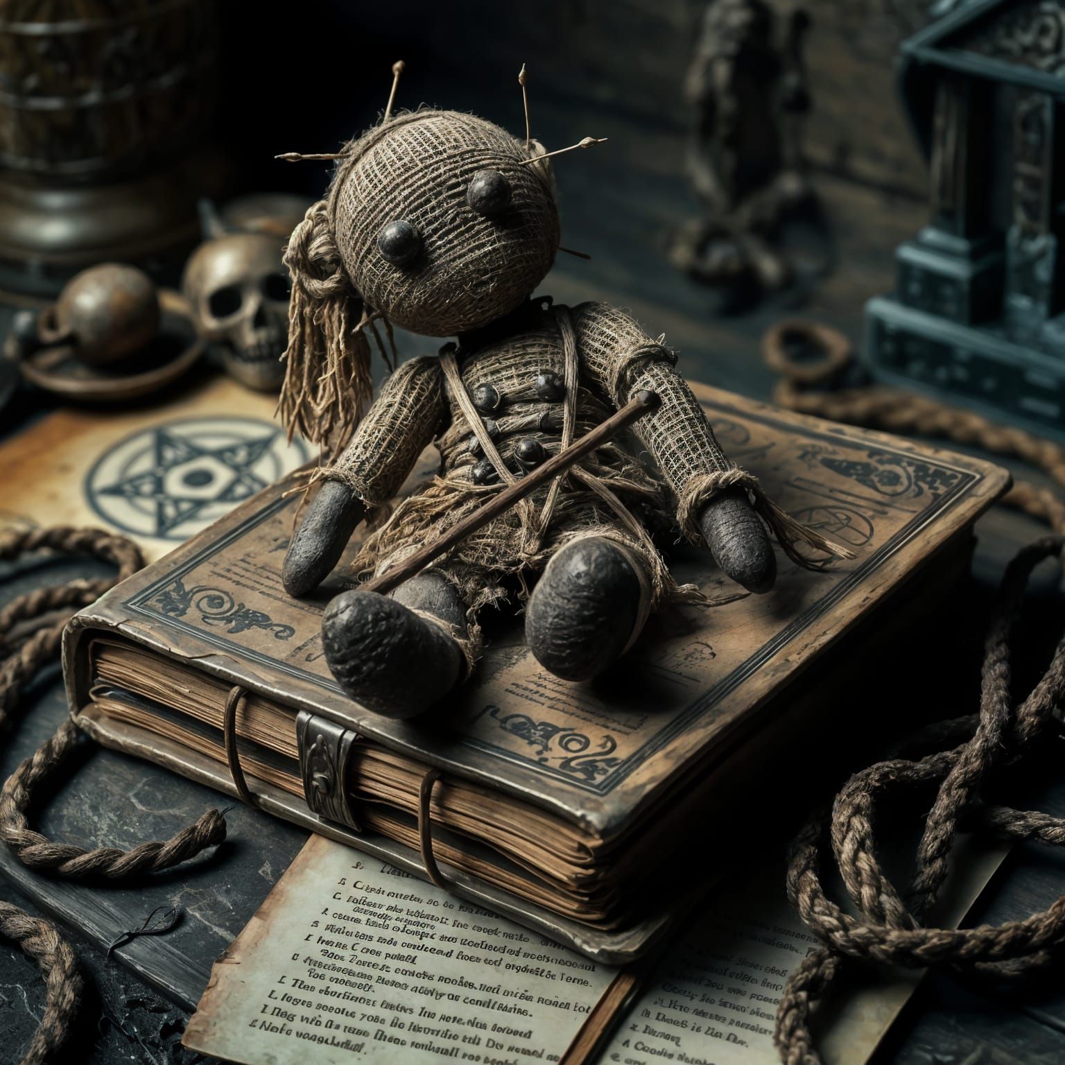Cursed Voodoo Doll on Witchcraft Book