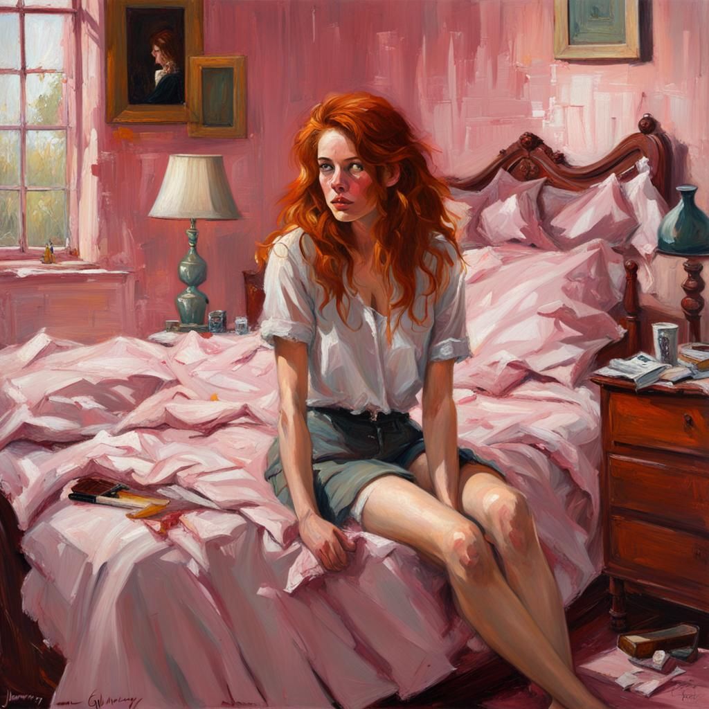 Redhead Girl in Messy Pink Bedroom as Oil Painting