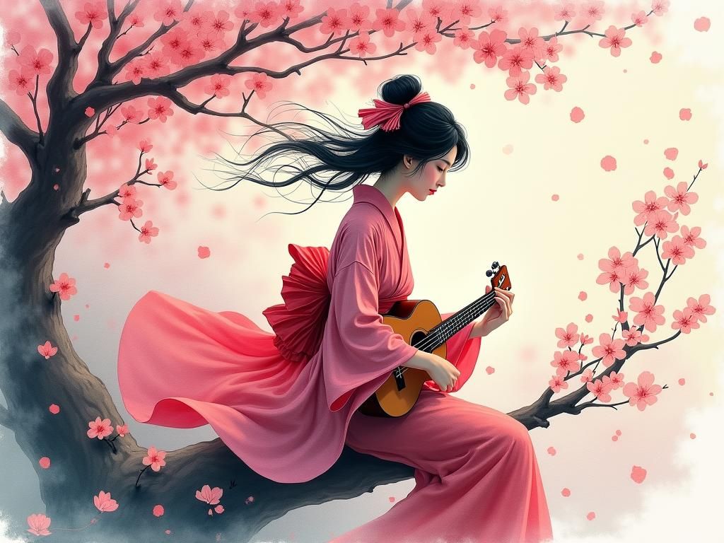 Ethereal Japanese Woman Playing Ukulele Under Cherry Blossom...