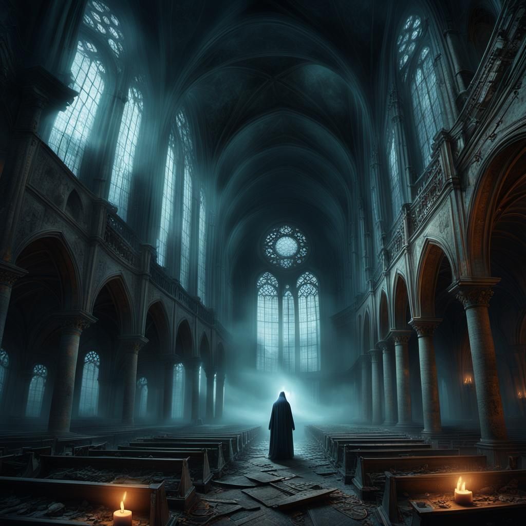 Ethereal Ghost in Abandoned Church: Digital Matte Painting