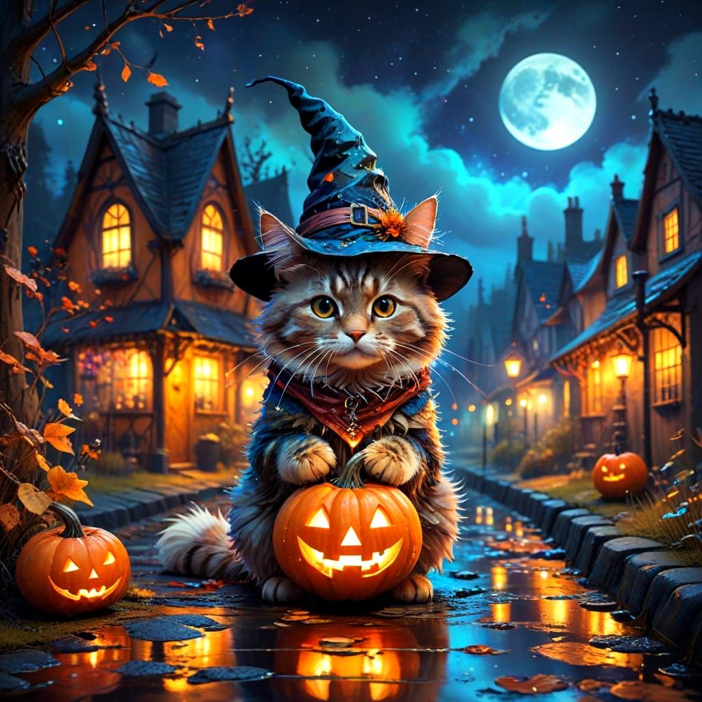 Fluffy Witch Cat on Glowing Pumpkin, Whimsical Halloween Art