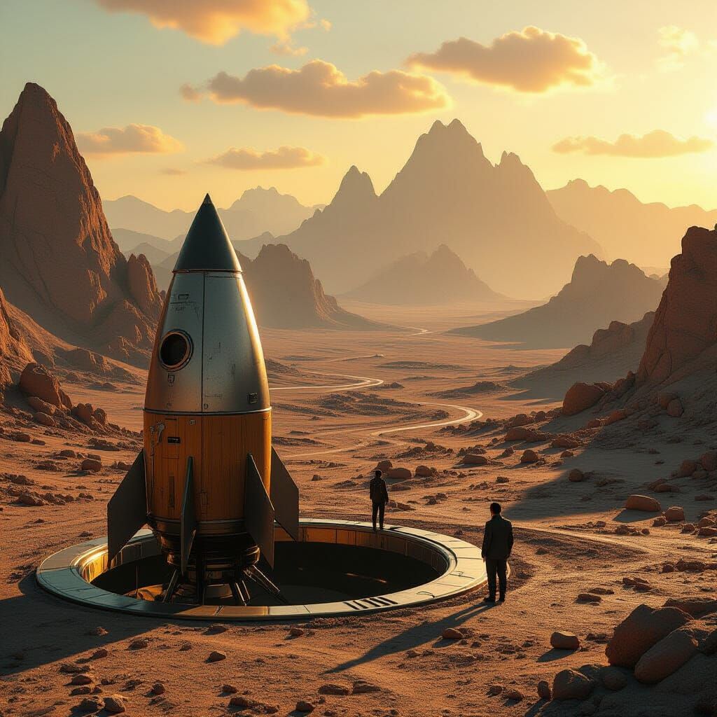 Martian Landscape with Rocket, Cinematic Lighting