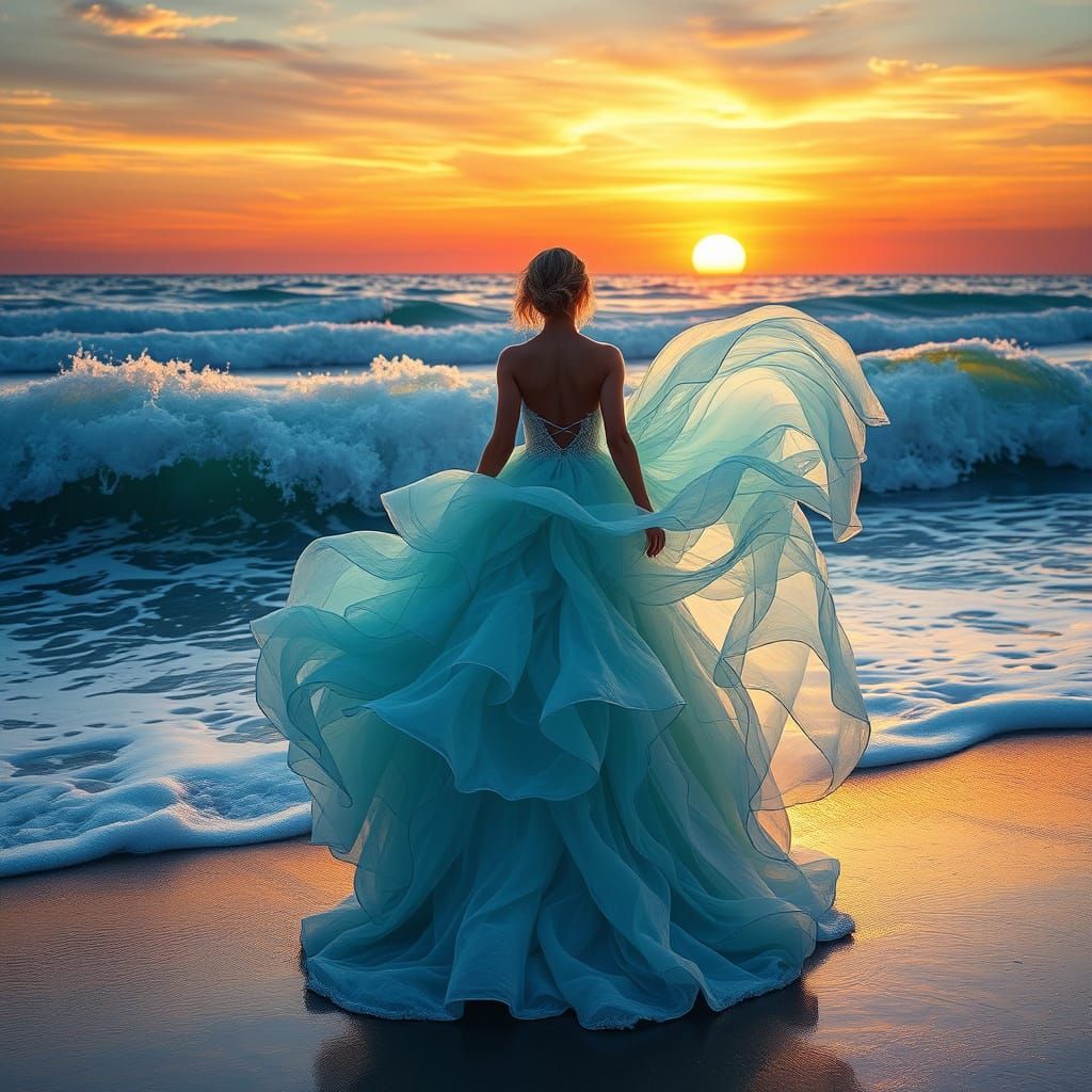 Surreal Sunset Goddess Embracing the Ocean in Hyperrealistic...