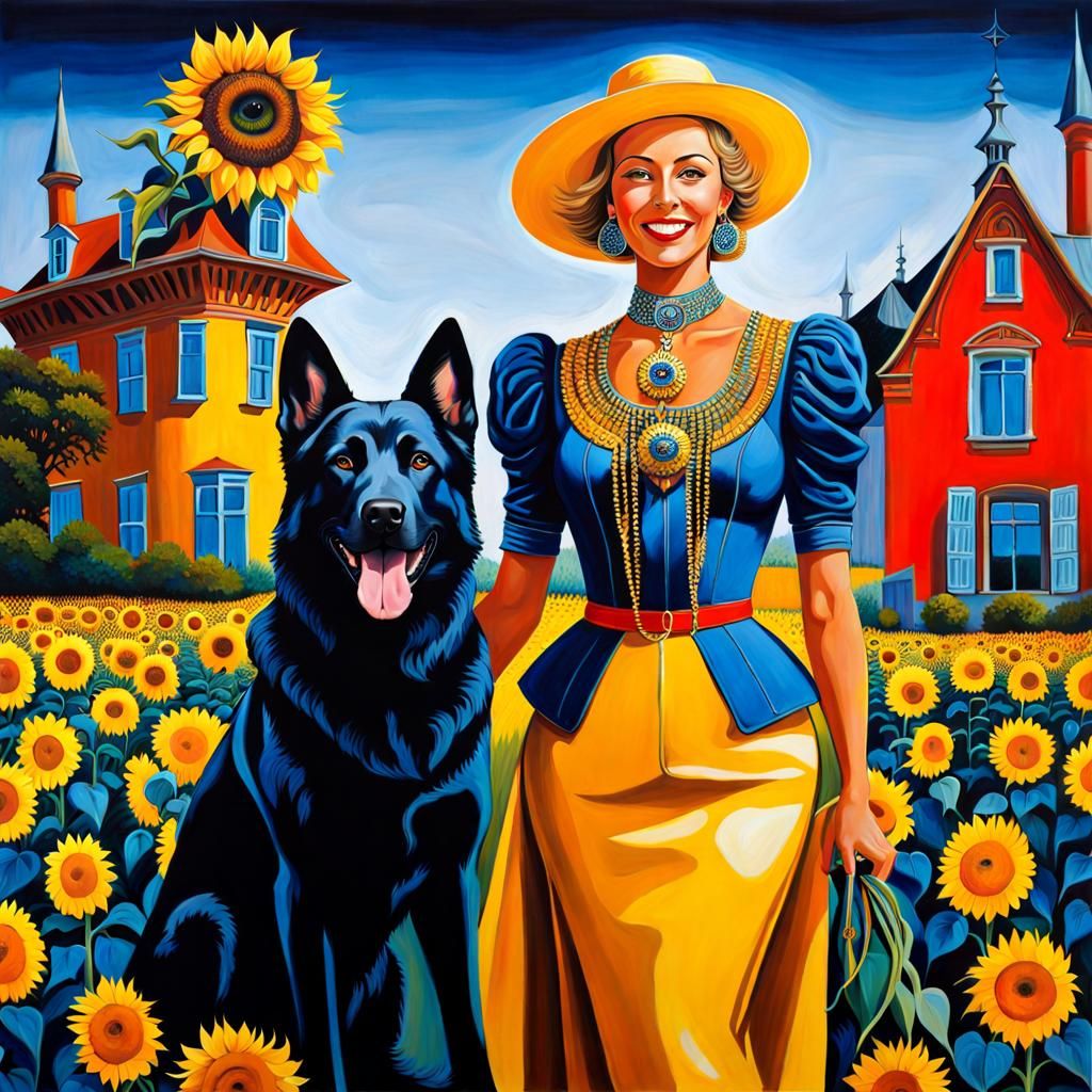 Surreal Maximalist Portrait: Lady and German Shepherd